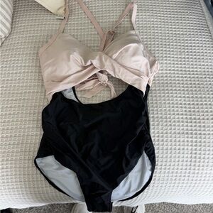 Two-Tone One-Piece Swimsuit — Light Pink & Black by